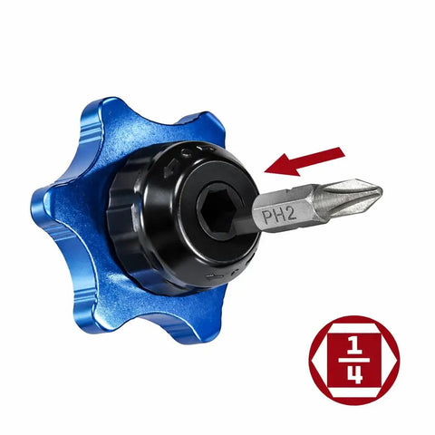 Three Eighths Inch Drive Palm Ratchet Finger Ratchet 2in1 Stubby Thumb Ratchet, blue with 1/4 hex bit and red direction arrow.