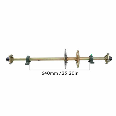 44 Inch Rear Live Axle Kit With 22x10-10 Wheels, 428 Chain Drive, Brake, and Steering System for go karts, shown disassembled