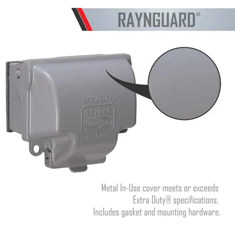 RaynGuard Extra Duty Built Tough Metal Weatherproof In-Use Outlet Cover for Outdoor 1-Gang Gray, front view close-up