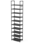 Tall Ten Tier Shoe Rack Holds Twenty Five Pairs Narrow Boot Organizer With Hook Hangers Sturdy Entryway Storage Shelf in black design.