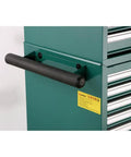 Side view of Green Rolling Tool Cabinet With Ten Drawers Including Six Shallow, Three Medium, And One Tall; steel handle visible