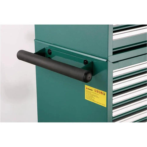 Side view of Green Rolling Tool Cabinet With Ten Drawers Including Six Shallow, Three Medium, And One Tall; steel handle visible