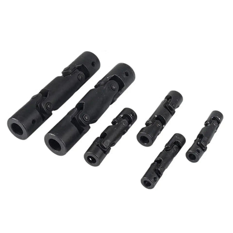 Precision Crafted Three Section Cross Universal Joint Coupling sizes for 14 to 22mm shafts showing heavy duty black design.