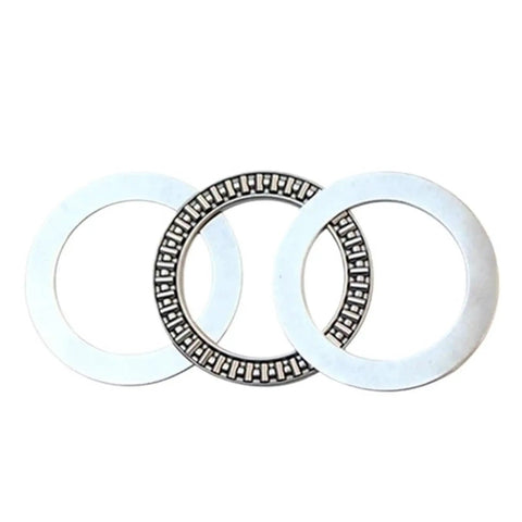 Built Tough Pre Lubricated Thrust Needle Roller Bearing For Hydraulic Cylinders And Forging Systems High Capacity Axial Load Handling showing three bearings.