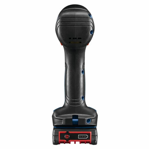 Rear view of GSB18V-490B12 18V EC Brushless Half Inch Hammer Drill And Driver Kit with 2 Ah Battery and ergonomic grip