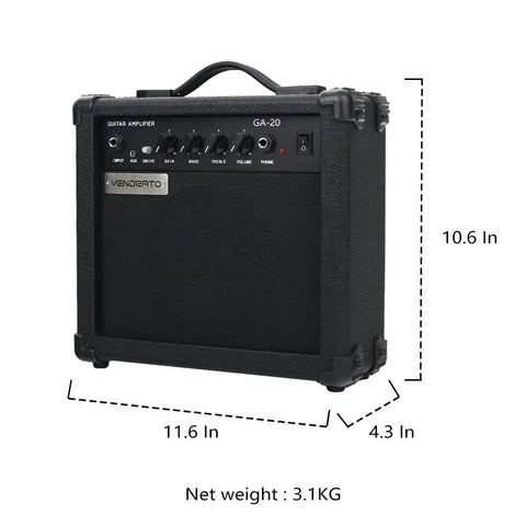 20 Watt Electric Guitar Amplifier Portable Practice Jam Ready Black with 3.5mm Aux In and 6.35mm Headphone Output