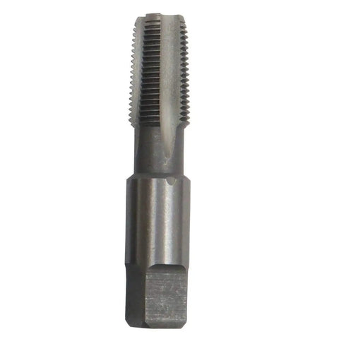 Close-up of a high-speed steel tap from the Six Piece NPT Pipe Tap Set In Wooden Case With High Speed Steel Taps DWT Series Sizes One Eighth To One Inch Durable Metalworking Kit For Precise Threads DIY Friendly Pro Grade Heavy Duty Tool Set, showing threading detail.