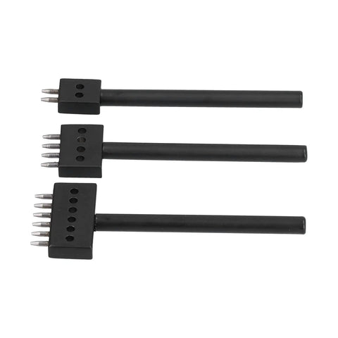 Pro Grade Leatherworking Tool Kit 3 Piece Cobbler Prong Chisel Set With 2 4 6 Tooth Row Hole Puncher, black handles on white surface