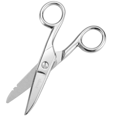 Heavy Duty Electrician Scissors 5-1/5 Inch Forged Stainless Steel Shears With Wire Stripping Notches For 19 And 23 AWG, Telecom Cable And Wire Cutting, Pro Grade Industrial Serrated Non Slip Edge