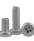 Ten Piece 10-32 X 7/8 Inch 304 Stainless Steel Cross Recessed Pan Head Phillips Machine Screws showcasing three screws with heads.