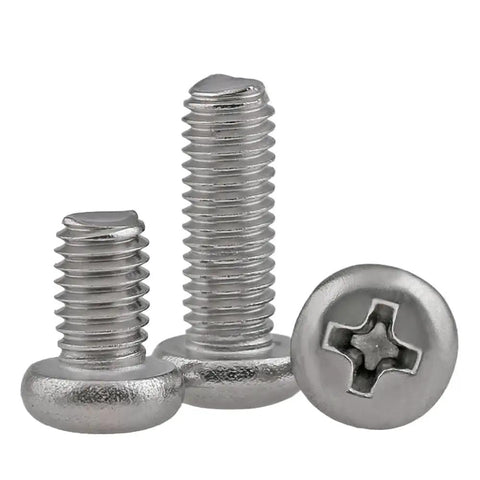 Ten Piece 10-32 X 7/8 Inch 304 Stainless Steel Cross Recessed Pan Head Phillips Machine Screws showcasing three screws with heads.