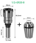 Versatile High Carbon Steel Router Bit Extension Rod With 8mm 1/4 Inch And 1/2 Inch Shanks For ER20 Collets shown with dimensions.