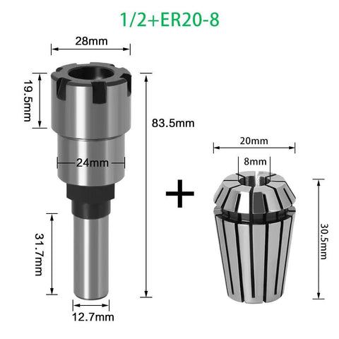 Versatile High Carbon Steel Router Bit Extension Rod With 8mm 1/4 Inch And 1/2 Inch Shanks For ER20 Collets shown with dimensions.