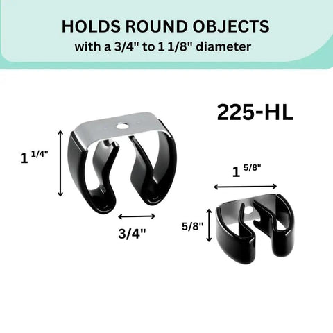 Heavy Duty Spring Clip Grip Clip Set Holds Three Quarters Inch To One And One Eighth Inch Diameter Tools Cables Brooms Pipes With Screws Ten Pack For Wall Truck Garden Tool Holder Workhorse Durability 1050 Spring Steel Made In USA Silver And Black showing dimensions