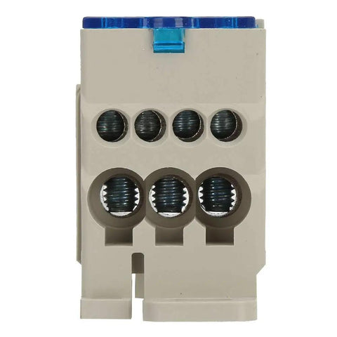 Rock Solid 80 Amp Din Rail Terminal Block Distribution Box With Fire Safe Housing For Heavy Duty Universal Wiring Hookups and Straightforward Power Drop, viewed from the front.