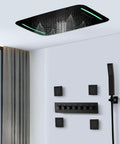 Game Changing 17 X 28 Inch Rainfall Waterfall Led Shower System With Handheld Sprayer And Seven Knob Valve For Six Smooth Custom Functions In Vintage Antique Brass, overhead view with LED panel and controls.