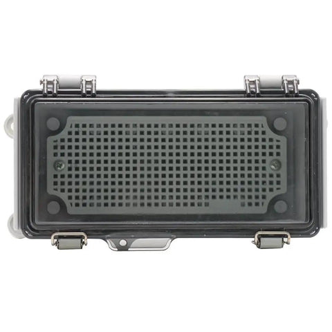 Top view of Small Outdoor Waterproof Junction Box Enclosure IP67 with transparent cover, rugged ABS plastic, 7.9 x 3.9 x 2.8 inches.