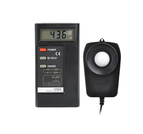Pro Grade Digital Lux Meter With Instant Read And Data Hold For 20 To 20000 Lux Cosine Angular Correction And Spectral Sensitivity Near Photopic Curve Perfect For Photography Lighting Installations And Indoor Plants front view with sensor head and LCD reading