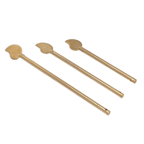 Leaf Shaped Cabinet Key Latch Three Pack Brass Locking Pin For Home Furniture laid flat, showcasing vintage design in brass.