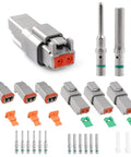 2 Pin Waterproof Deutsch Style Wire Connector Set With DT04 2P DT06 2S Solid Contacts And Sealing Plugs 14 To 20 AWG Durable PA66 Nylon Includes 3 Sets For Easy Hookups displayed with plugs, terminals, and sealing plugs.