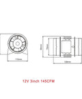 Dimensions of 12V 76mm Marine Cabin Air Blower Delivers 145 CFM Of Quiet Beefy Cooling Power For Boats Inline Vent Fan For Cabins