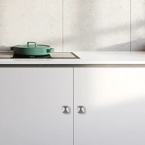 Brushed Nickel Cabinet Knobs 30 Pack Square Zinc Alloy Drawer Handles on white kitchen cupboards