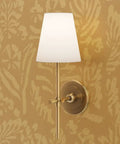 Rustic Floral Pink Gold Metallic Wallpaper With Fibrous Texture Pvc Free Wall Covering showcased with a modern wall sconce.