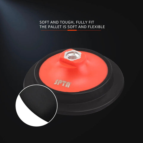 Close-up of Two Pack Rotary Backing Plate With Hook And Loop Surface For Polisher Sander 5 Inch, orange PU material.