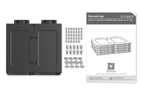 Slick Eight Pack 2.5 Inch SATA SAS Drive Mount For 5.25 Bay Tool Free Mobile Rack showing enclosure and accessories.