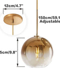 Modern Globe Pendant Light With Gradient Glass Shade, Gold Finish, Adjustable Height Chandelier, Dimensions Shown