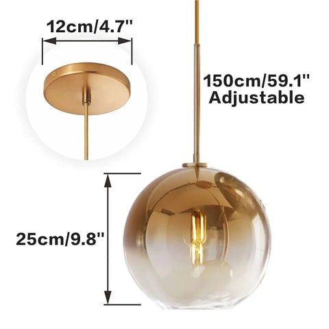 Modern Globe Pendant Light With Gradient Glass Shade, Gold Finish, Adjustable Height Chandelier, Dimensions Shown