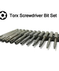 Heavy Duty Security Torx Screwdriver Bits Set With Rock Solid Magnetic S2 Steel And One Quarter Inch Hex Shank Two Inch Long T5 Through T40 Star Driver Kit, 12 bits laid out in a row.