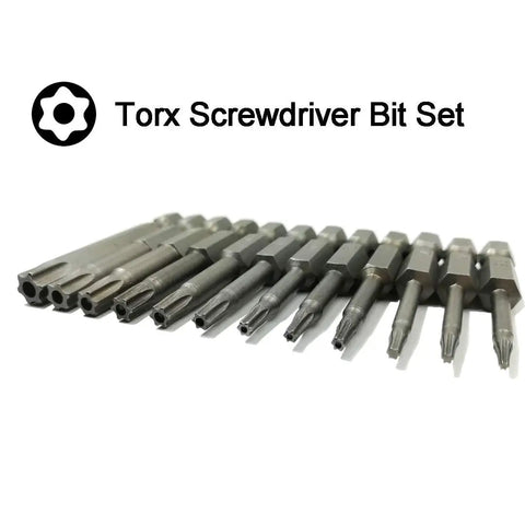 Heavy Duty Security Torx Screwdriver Bits Set With Rock Solid Magnetic S2 Steel And One Quarter Inch Hex Shank Two Inch Long T5 Through T40 Star Driver Kit, 12 bits laid out in a row.