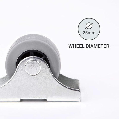 Close-up of 25mm rubber caster wheel on a metal bracket for furniture and appliances