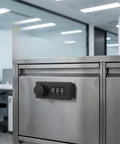 Keep Your Gear Locked Tight With This Keyless Mechanical Combination Lock For Cabinets And Drawers Featuring A Smooth Turntable Code Dial And Straight Hook For Hassle Free Secure Storage on modern metal cabinet.