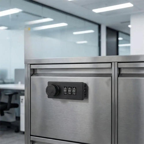 Keep Your Gear Locked Tight With This Keyless Mechanical Combination Lock For Cabinets And Drawers Featuring A Smooth Turntable Code Dial And Straight Hook For Hassle Free Secure Storage on modern metal cabinet.