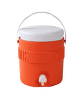 Portable Sports Drink Dispenser With Heavy Insulation Keeps Backyard Faves Stay Frosty All Weekend And Sip Smooth At Tailgates While Hanging Out In Vibrant Orange with white lid and tap