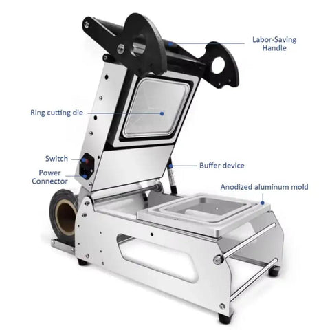 Rock Solid Semi Automatic Tray Food Sealer For Restaurants Kickin Manual Lunchbox Packaging Machine Pro Grade commercial meal sealing gear with anodized aluminum.