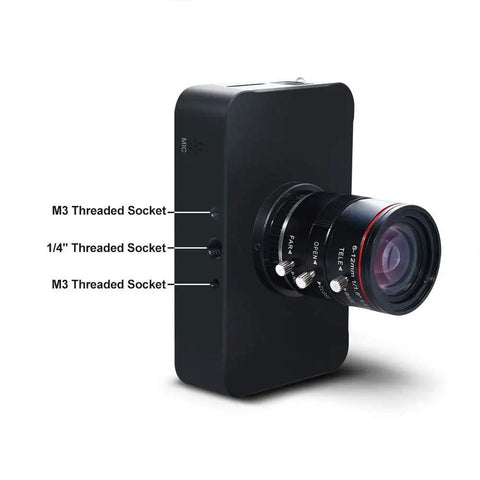 Slick 4K HDMI USB Camera With Crisp 1080P Streaming And Dead Simple Plug And Play Setup Featuring A Tight 6 To 12 Millimeter Manual Zoom Lens with controls and threaded sockets.