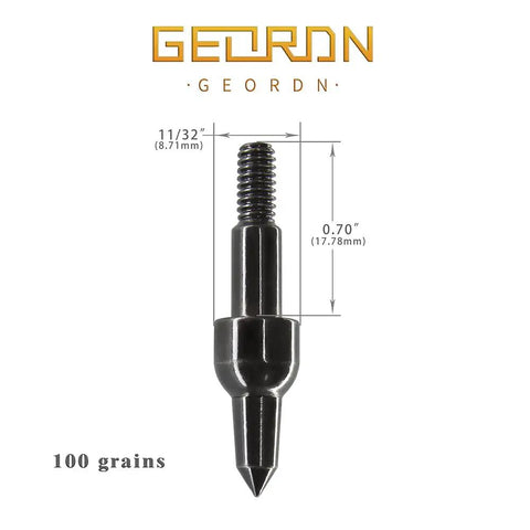 100 grain screw in archery field points set for target practice arrow tips easy swap compatible with crossbow recurve and compound bow durable rust resistant steel black finish 8 32 thread 100 count close up with measurements