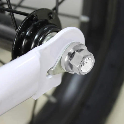 Front bike wheel with Six Pack Flanged Wheel Hub Nuts For Front And Rear Bikes Includes M8 Three Eighths Inch And M10 Sizing Great For Mountain And Kids Bikes Chrome Plated Steel With Anti Slip Pattern That Helps Prevent Loosening on axle.
