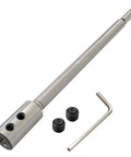 Ten Inch Alloy Steel Forstner Bit Extension Rod for 3/8 Inch Drills alongside locking nuts and an Allen wrench for assembly.