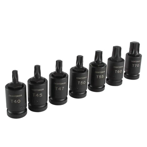 Torx Bit Socket Set For One Half Inch Drive Built Tough Seven Piece Corrosion Resistant Black Oxide Finish arranged in a row