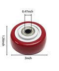 Red 3 Inch Caster Wheels Set 4 Pack Beefed Up Heavy Duty Plate Mount Replacement For Carts Shelves And Platforms Up To 264 Lbs Each Wheel Double Ball Bearing Smooth Roll, side view of single wheel with dimensions.