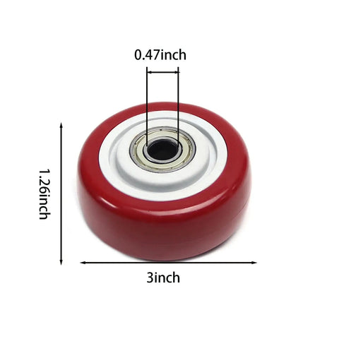 Red 3 Inch Caster Wheels Set 4 Pack Beefed Up Heavy Duty Plate Mount Replacement For Carts Shelves And Platforms Up To 264 Lbs Each Wheel Double Ball Bearing Smooth Roll, side view of single wheel with dimensions.