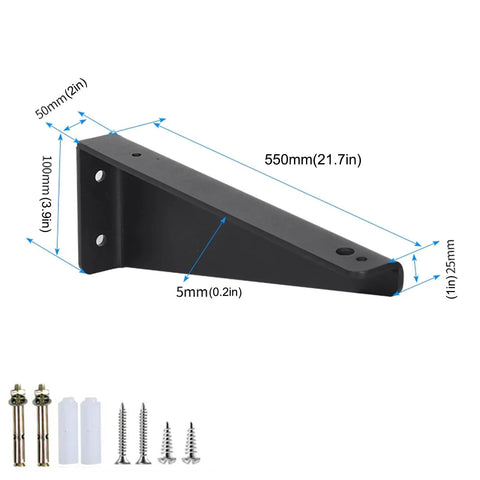 Pack Of Two Heavy Duty Wall Mount Shelf Brackets 21.7 Inch Black Steel L Shaped Floating Supports with hardware shown.