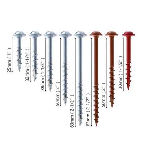Woodworking Self Tapping Screws Set Of One Hundred Pieces One And A Half Inch Length Carbon Steel with various lengths and colors.