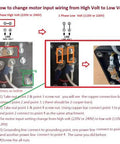 Machine tool coolant pump wiring diagram showing single-phase high/low voltage terminal connections and copper jumpers.
