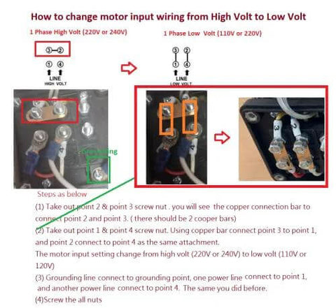 Machine tool coolant pump wiring diagram showing single-phase high/low voltage terminal connections and copper jumpers.