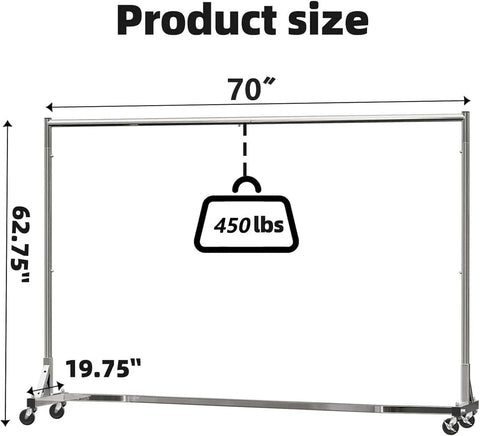 70 Inch Extra Long Garment Rack With Wheels Beefy Industrial Grade Heavy Duty Clothes Rack Chrome Finish Commercial Grade Rolling Clothes Rack Supports Up To 450 Lb shown with dimensions 70 inches long, 62.75 inches high, 19.75 inches deep.